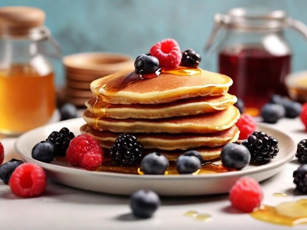 a stack of pancakes with berries and berries on top of them