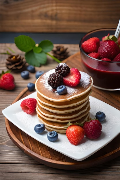 A stack of pancakes with berries and a bowl of jam