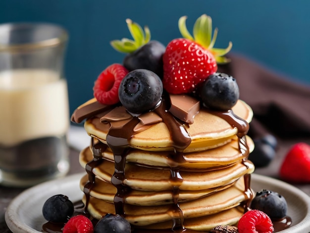 a stack of pancakes with berries and chocolate syrup on top