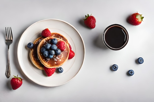 A stack of pancakes with berries and a cup of coffee on the table.