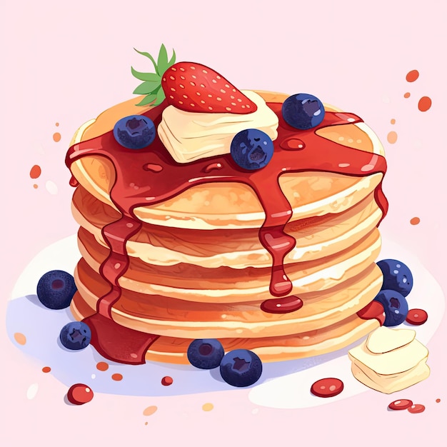 a stack of pancakes with berries and a strawberry on top