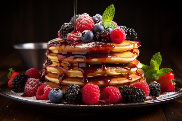 a stack of pancakes with berries and syrup high quality