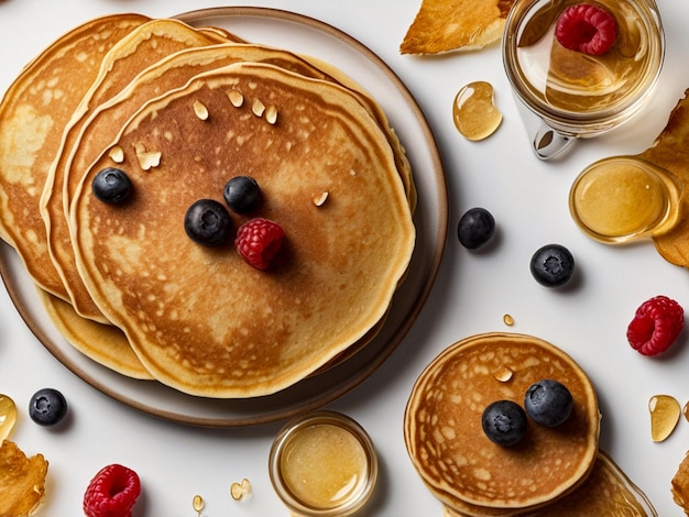 a stack of pancakes with berries and syrup on them