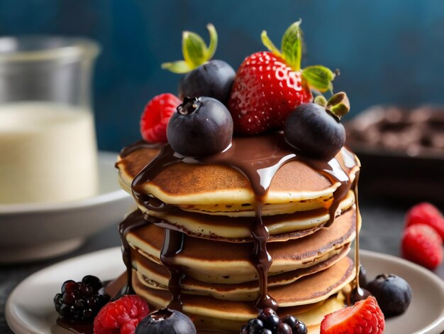 a stack of pancakes with berries and syrup on top of it