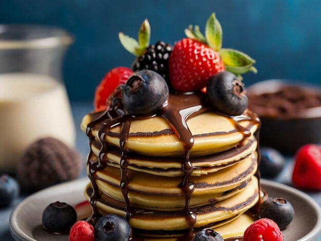 a stack of pancakes with berries and syrup on top of it