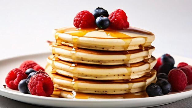 a stack of pancakes with berries and syrup on top of them