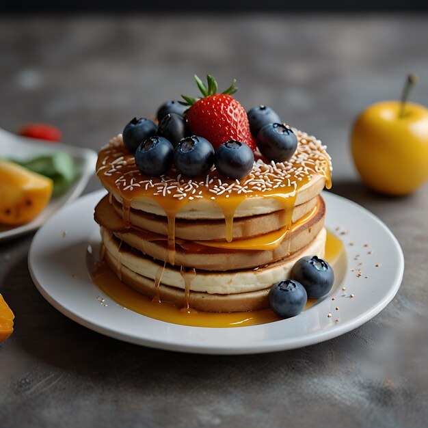 Photo a stack of pancakes with berries and syrup on top of them