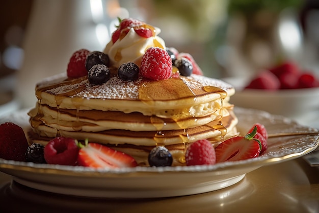 a stack of pancakes with berries and syrup on top of them.