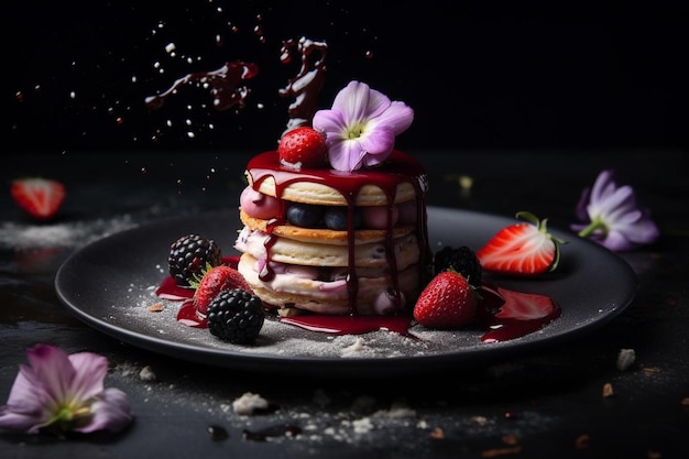 A stack of pancakes with berries and syrup