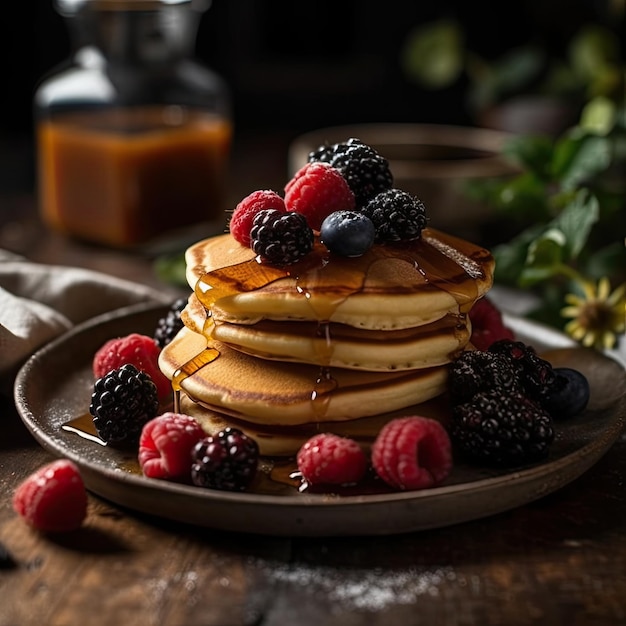 A stack of pancakes with berries on top