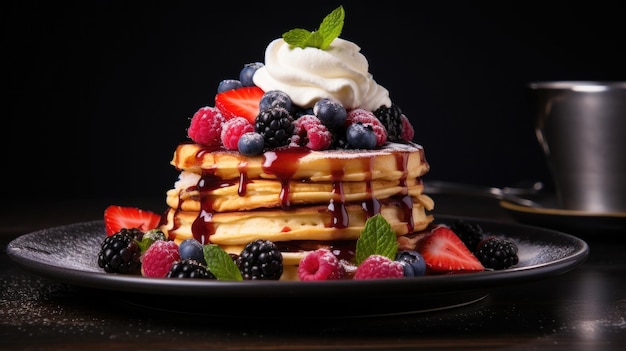 a stack of pancakes with berries and whipped cream on a black plate.