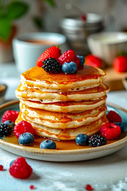 Stack of pancakes with blueberries and blackberries on top and cup of coffee in the background