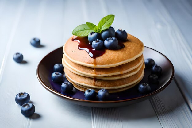 Stack of pancakes with blueberries on a plate