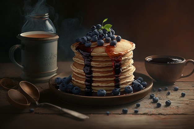 A stack of pancakes with blueberries and syrup on the top.