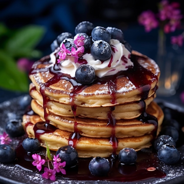 A stack of pancakes with blueberries and whipped cream on top.