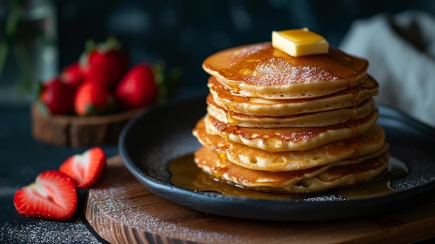 A stack of pancakes with butter and syrup on top of a black plate