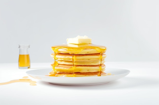 A stack of pancakes with butter and syrup on top of it.