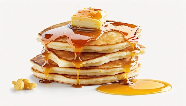 A stack of pancakes with butter and syrup on top