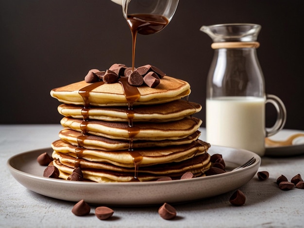 a stack of pancakes with chocolate syrup pouring out of it