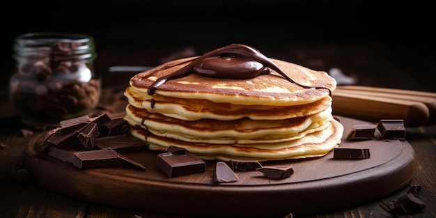 A stack of pancakes with chocolate on top and a chocolate bar on the top.