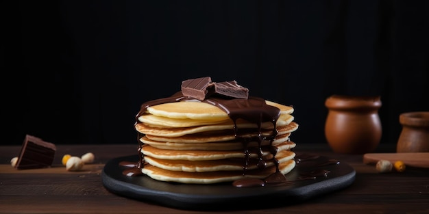 A stack of pancakes with chocolate on top and a cup of coffee on the side.