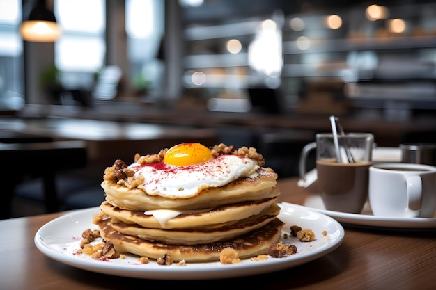 A stack of pancakes with a fried egg on top and a coffee in the background