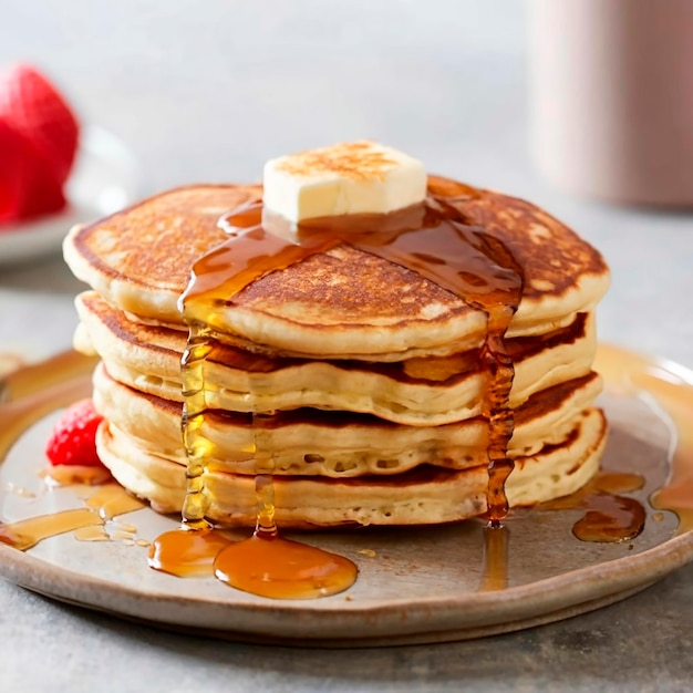 a stack of pancakes with honey and berries Beautiful breakfast