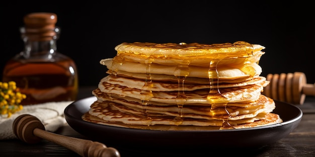 a stack of pancakes with honey a symbol of Maslenitsa homemade food healthy breakfast