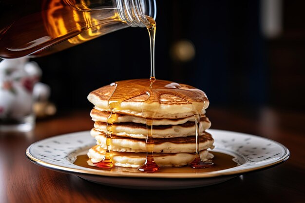 stack of pancakes with honey