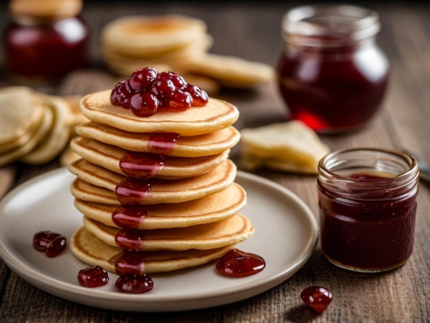 a stack of pancakes with jam and jam on them