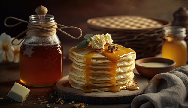 A stack of pancakes with a jar of maple syrup next to it.