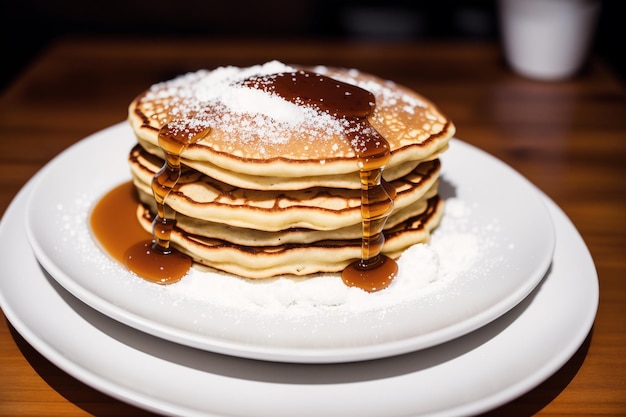 A stack of pancakes with powdered sugar and powdered sugar on top.