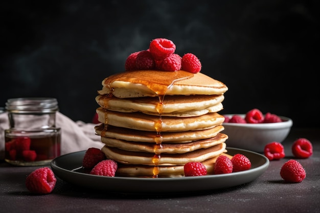 A stack of pancakes with raspberries and syrup Generative AI