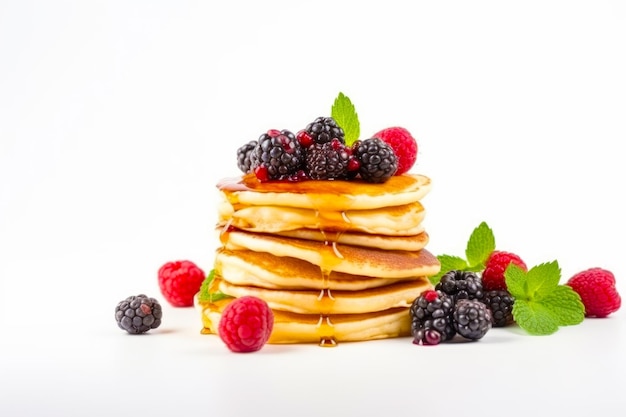 Stack of pancakes with raspberries and syrup on white background Generative AI