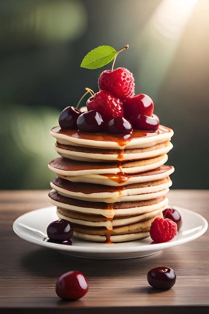 A stack of pancakes with raspberries on top