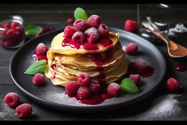 A stack of pancakes with a raspberry sauce on top.