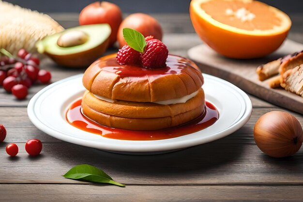 A stack of pancakes with a red sauce and a bowl of fruit on the table.