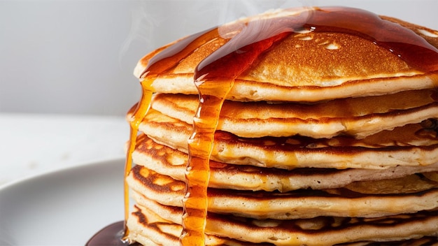 a stack of pancakes with a red sauce on top