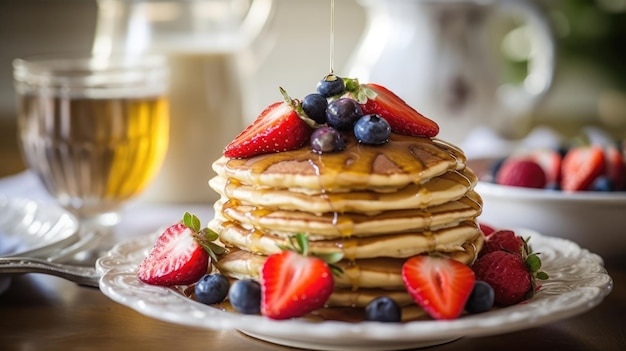 a stack of pancakes with strawberries and blueberries on top