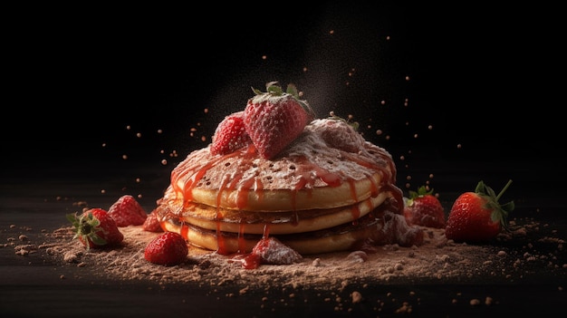 A stack of pancakes with strawberries and chocolate sauce on top.