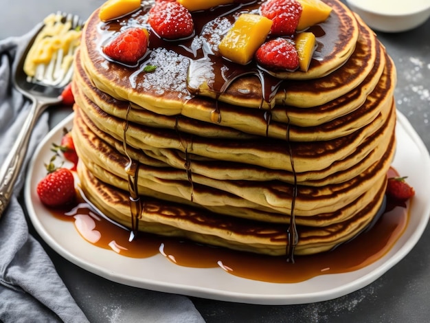 A stack of pancakes with strawberries and chocolate sauce