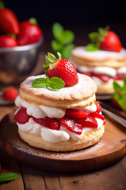 Photo a stack of pancakes with strawberries and cream on top of them