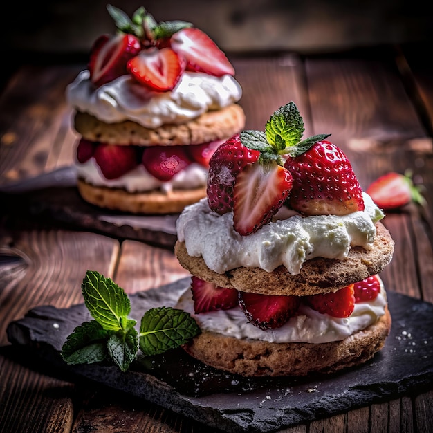 Photo a stack of pancakes with strawberries and cream on top