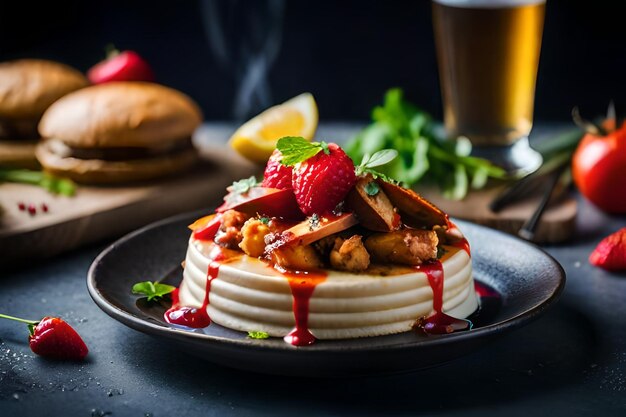 Photo a stack of pancakes with strawberries and a glass of beer