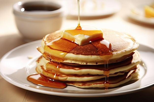 A stack of pancakes with syrup being poured over them