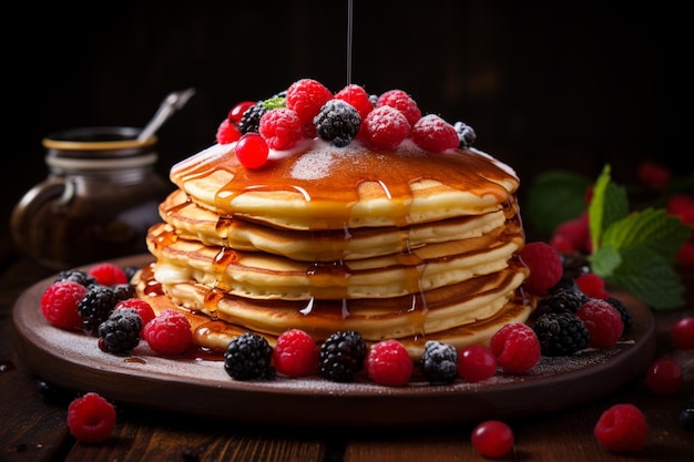 a stack of pancakes with syrup and berries high quality