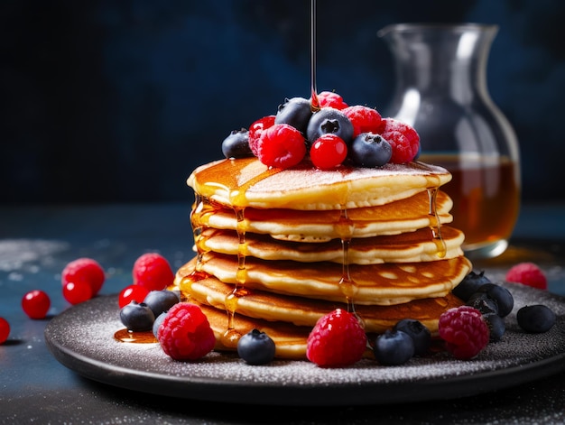 Stack of pancakes with syrup and berries on plate next to pitcher of syrup Generative AI