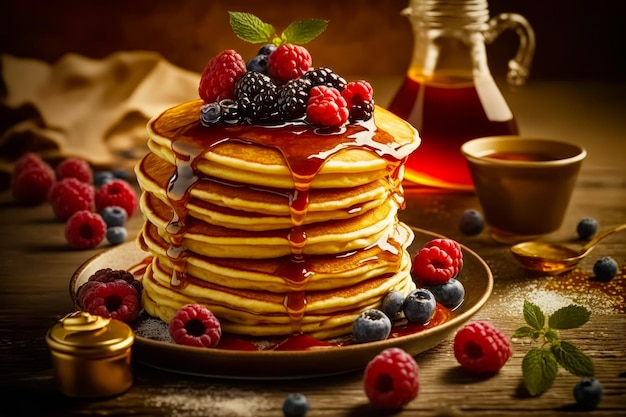 Stack of pancakes with syrup and berries on plate with cup of tea Generative AI