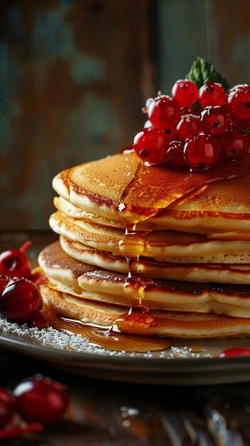 a stack of pancakes with syrup and berries on top