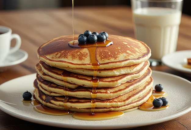 a stack of pancakes with syrup and blueberries on top